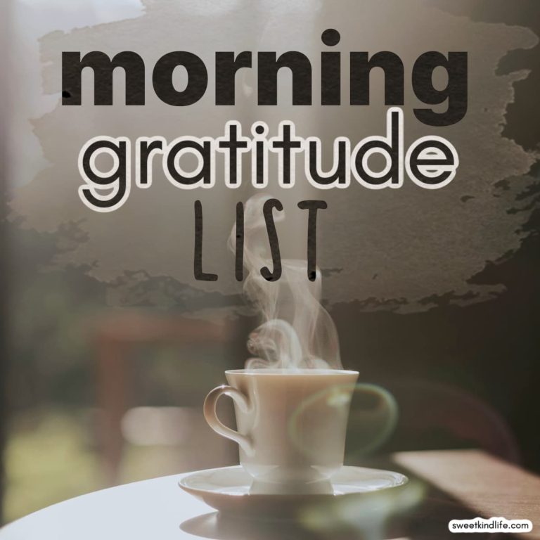 morning gratitude list text overlay on a photo of a steaming cup of coffee