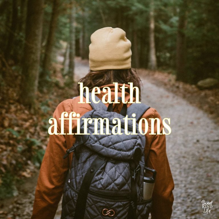 health affirmations text overlay on a photo of a woman hiking in the woods