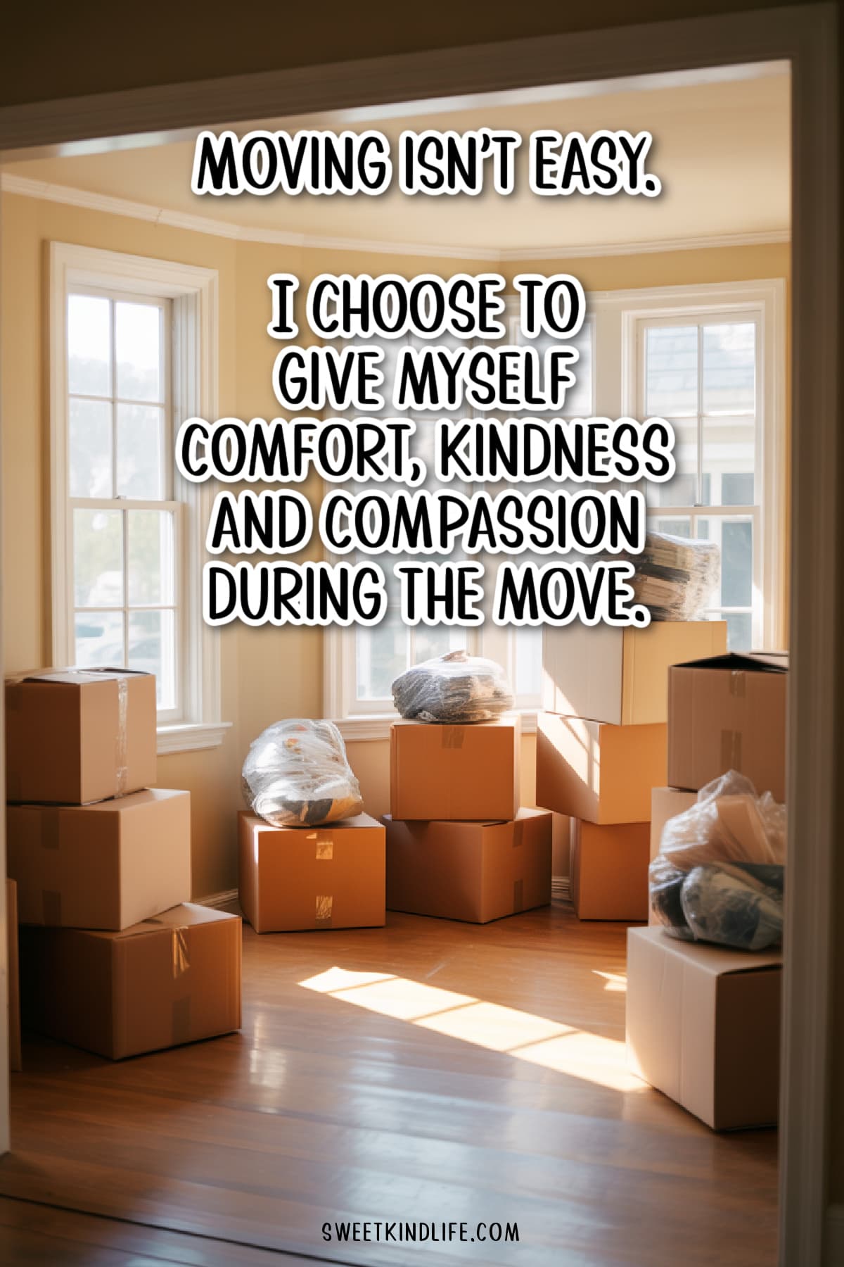 Moving isn’t easy. I choose to give myself comfort, kindness and compassion during the move text overlay on a photo of a room with moving boxes