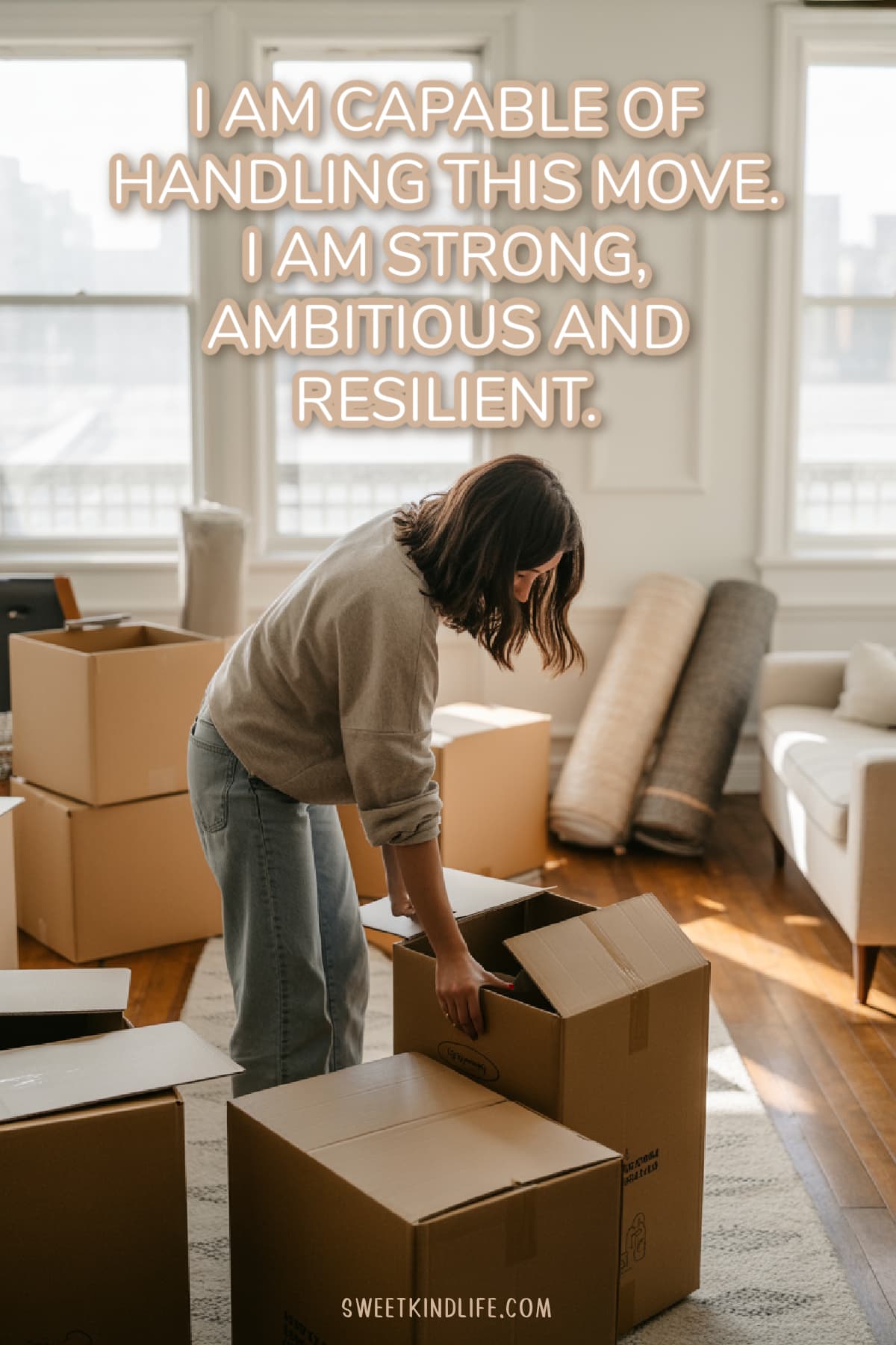 I am capable of handling this move. I am strong, ambitious and resilient text overlay on a photo of a woman in a room with moving boxes
