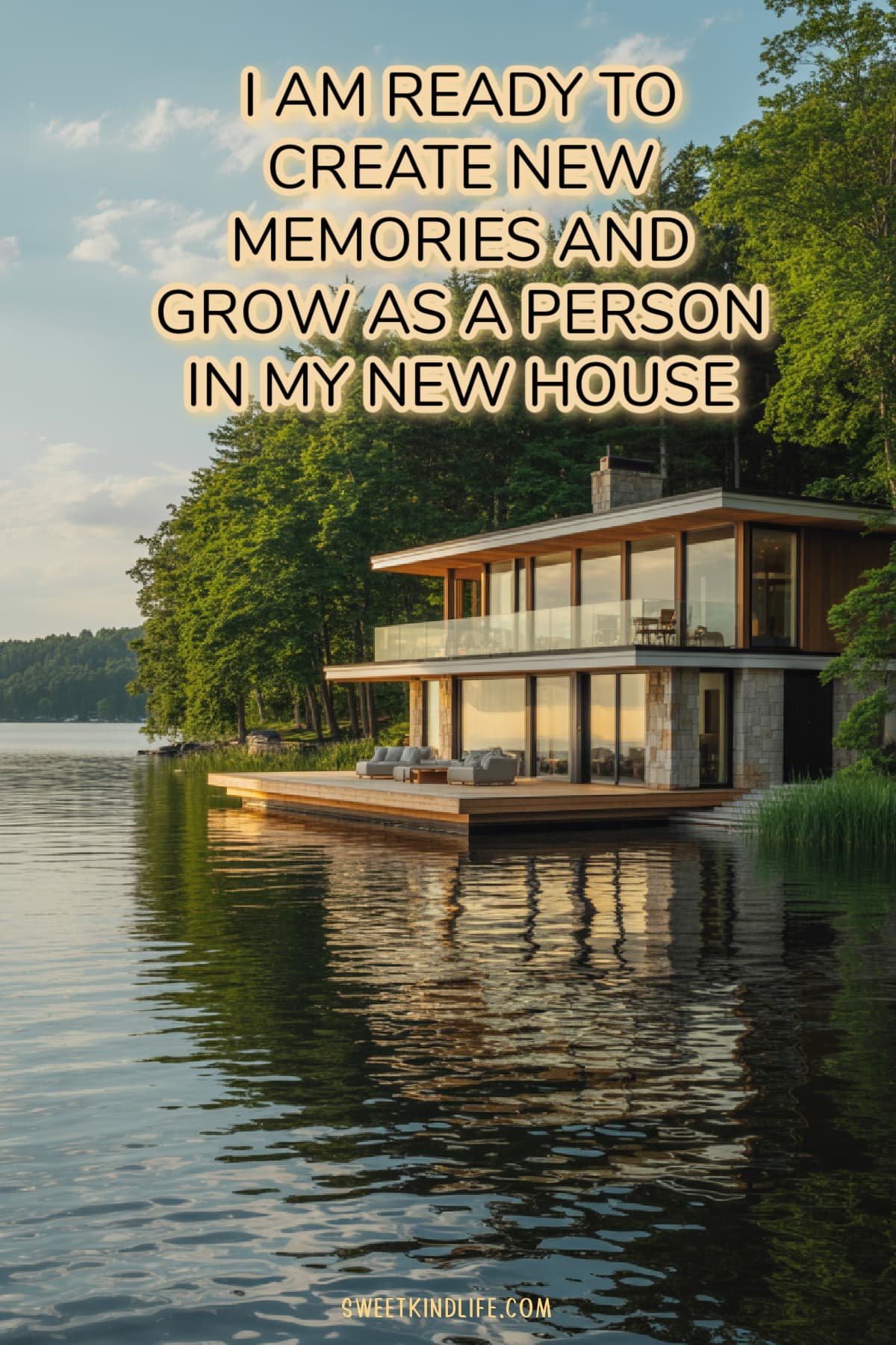 I am ready to create new memories and grow as a person in my new house text overlay on a photo of a beautiful home