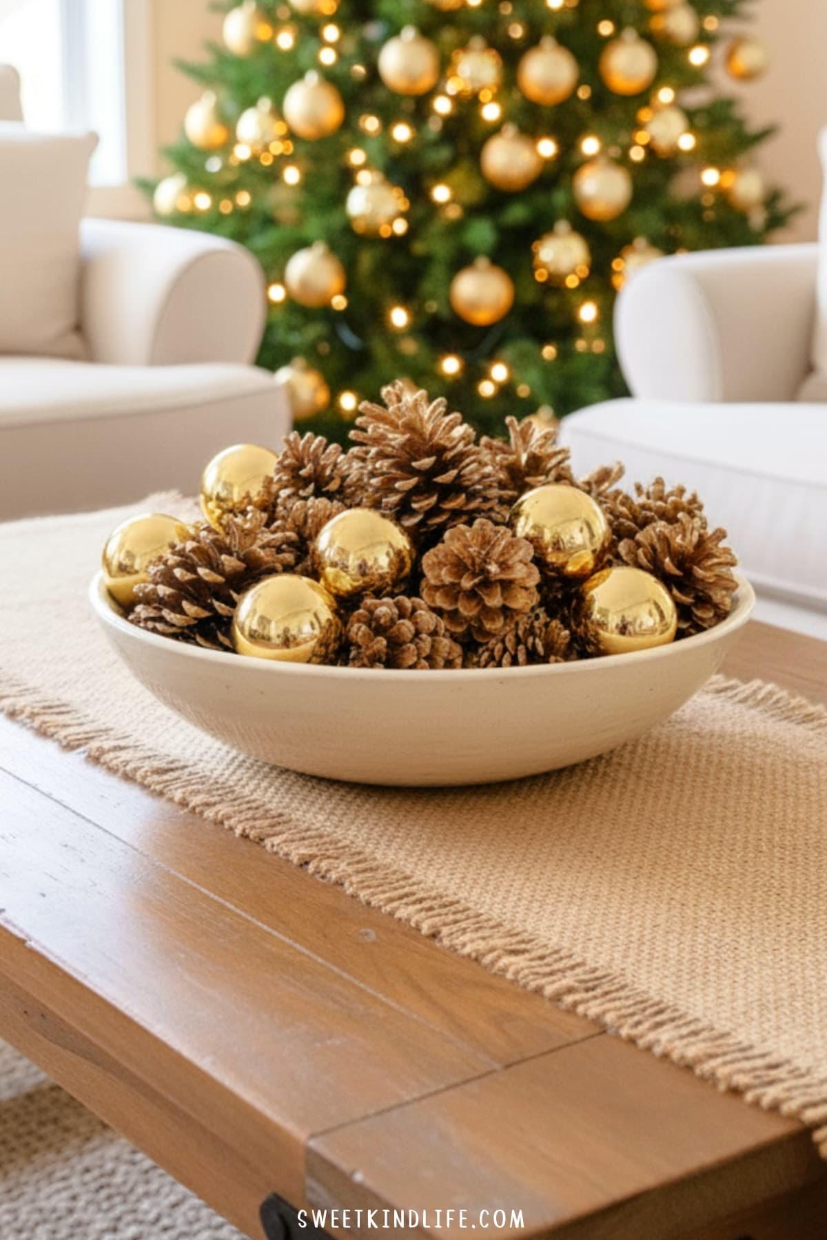 christmas coffee table decor on a budget - photo of a simple ceramic bowl filled with gold ball ornaments and pinecones on top a burlap runner