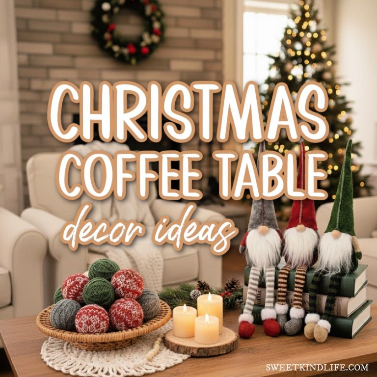 christmas coffee table decor ideas text overlay on a photo of a cozy christmas scene with gnomes, candles and a bowl of knitted christmas balls