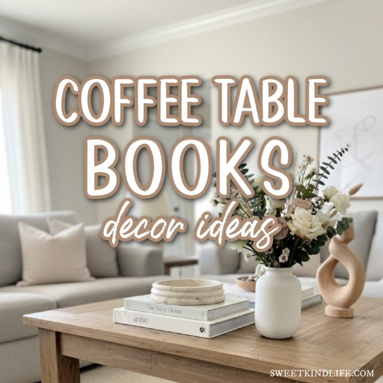 coffee table books decor ideas text overlay on a photo of a beautifully decorated living room