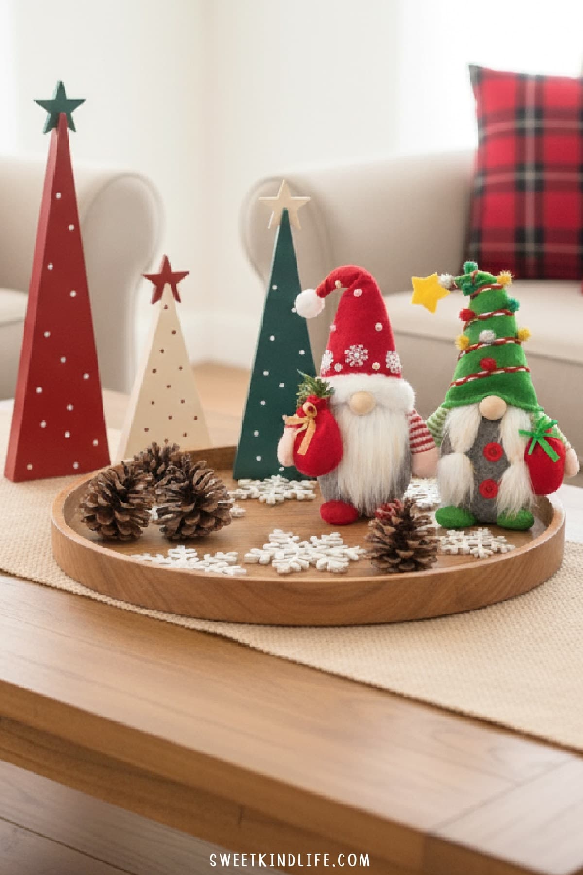 fun coffee table christmas decor ideas with wooden ornaments and soft gnomes