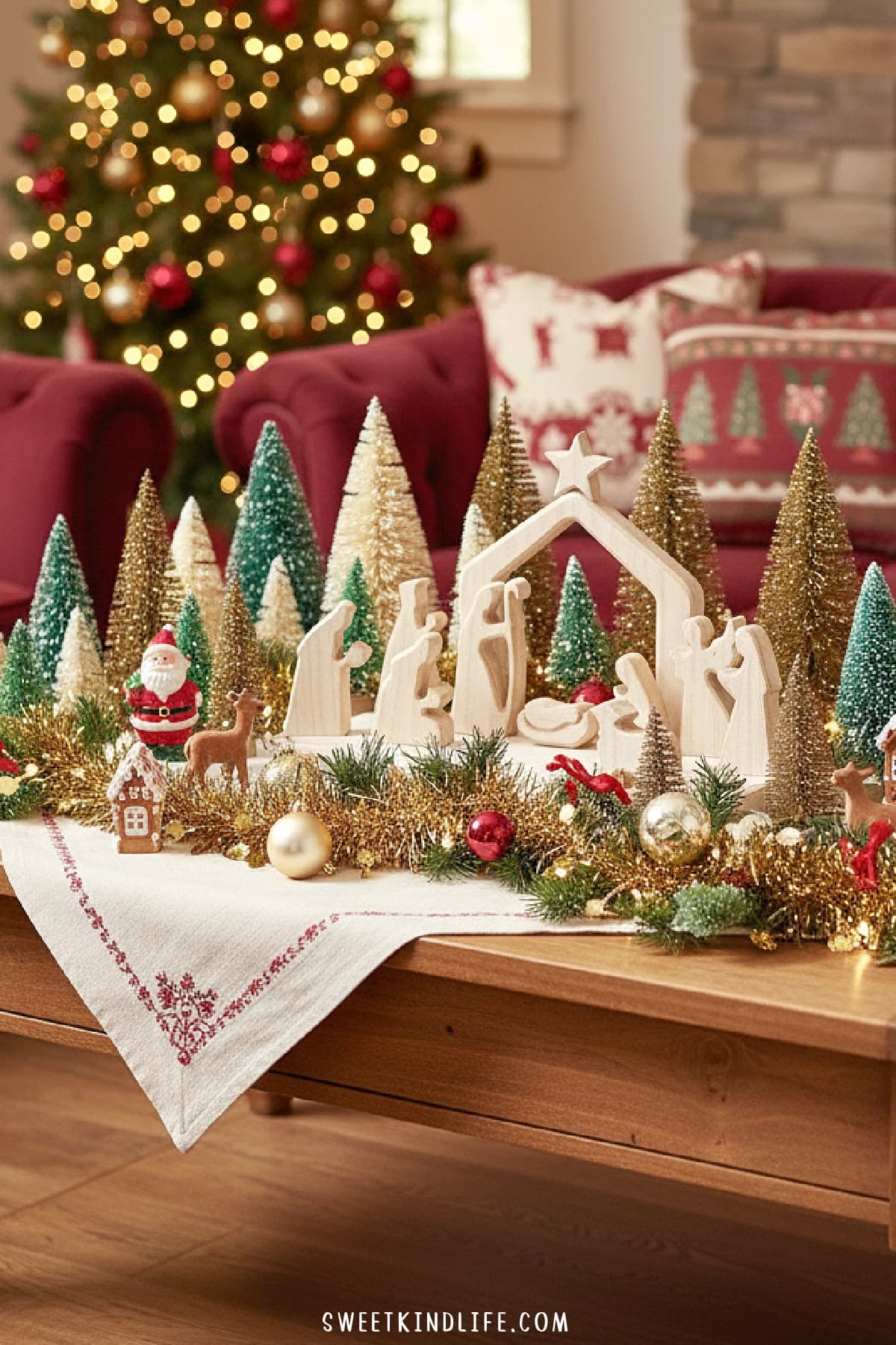 coffee table with wooden nativity scene and sisal christmas trees
