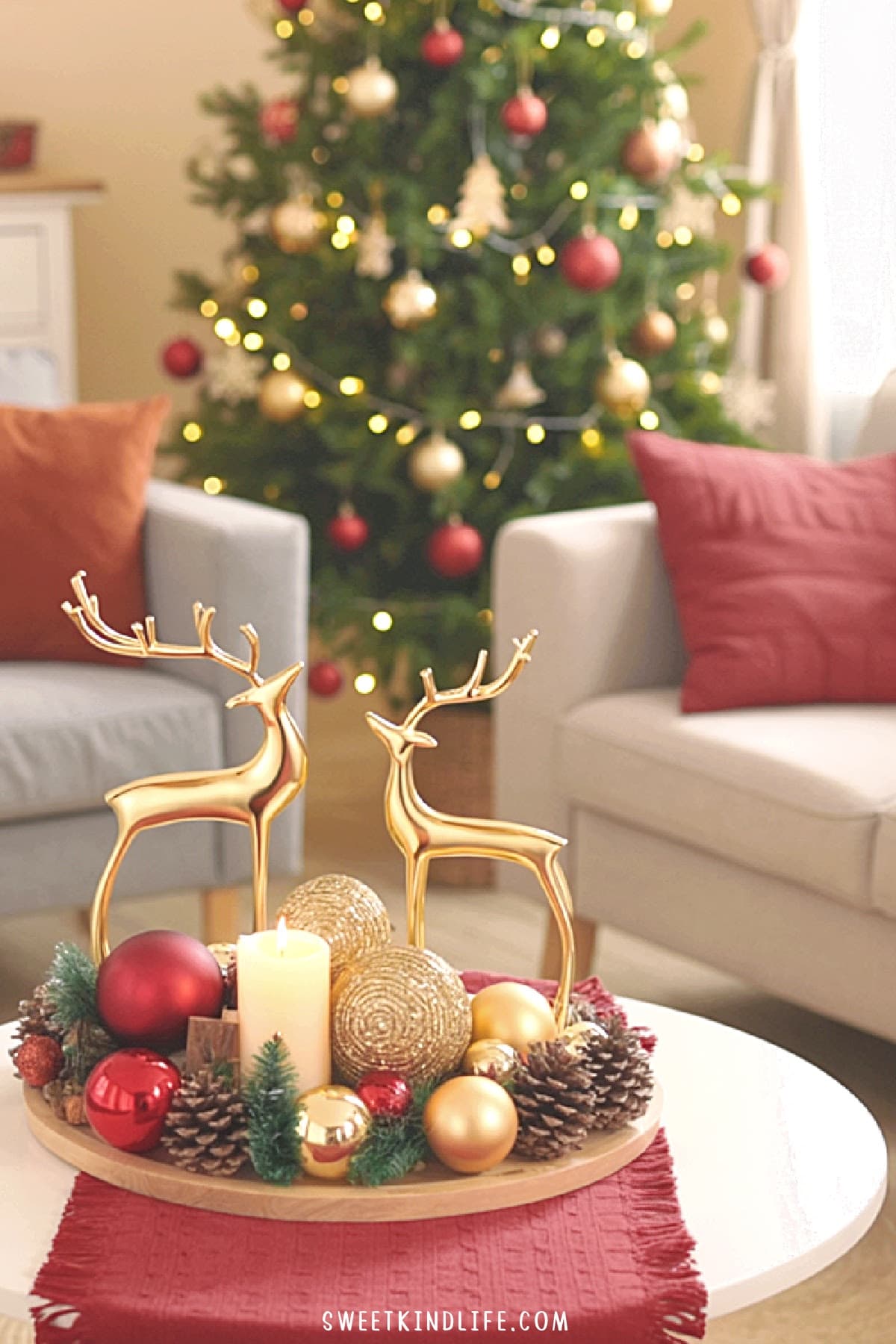 coffee table decor for christmas with reindeer and ball ornaments