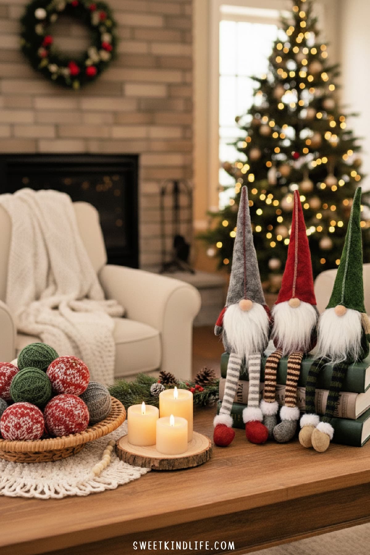 christmas coffee table decor cozy ideas with gnomes, candles and a bowl of knitted christmas balls