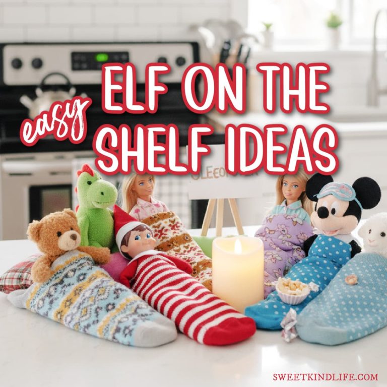easy elf on the shelf ideas text overlay on a photo of an elf on the shelf in a sock with other toys in socks for a sleepover in the kitchen