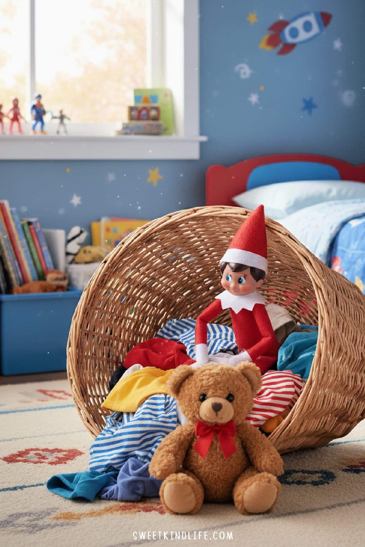 elf on the shelf elf in a laundry basket in a kids room