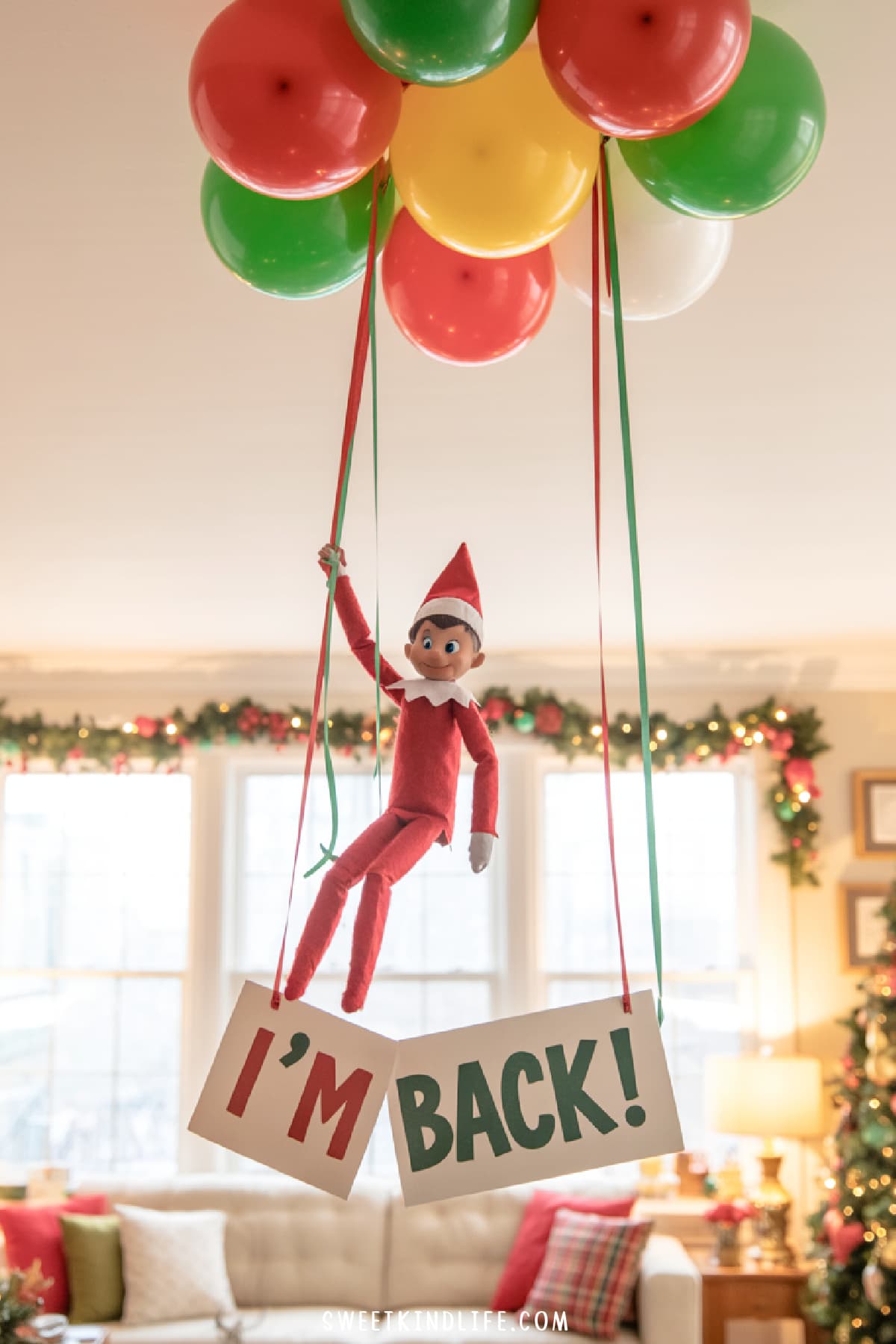 elf on the shelf arrival ideas with helium balloons