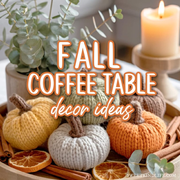 fall coffee table decor ideas text overlay on a photo of crochet mini pumpkins, cinnamon sticks, dried blood orange slices, eucalyptus stems, and candle