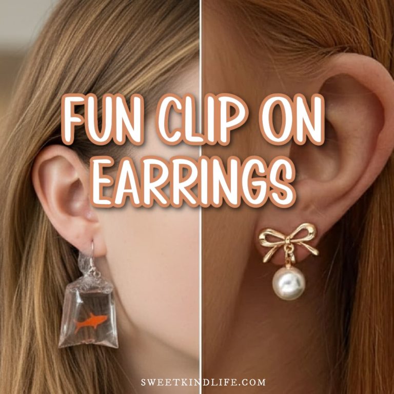 fun clip on earrings text overlay on a collage photo of 2 women wearing fun earrings