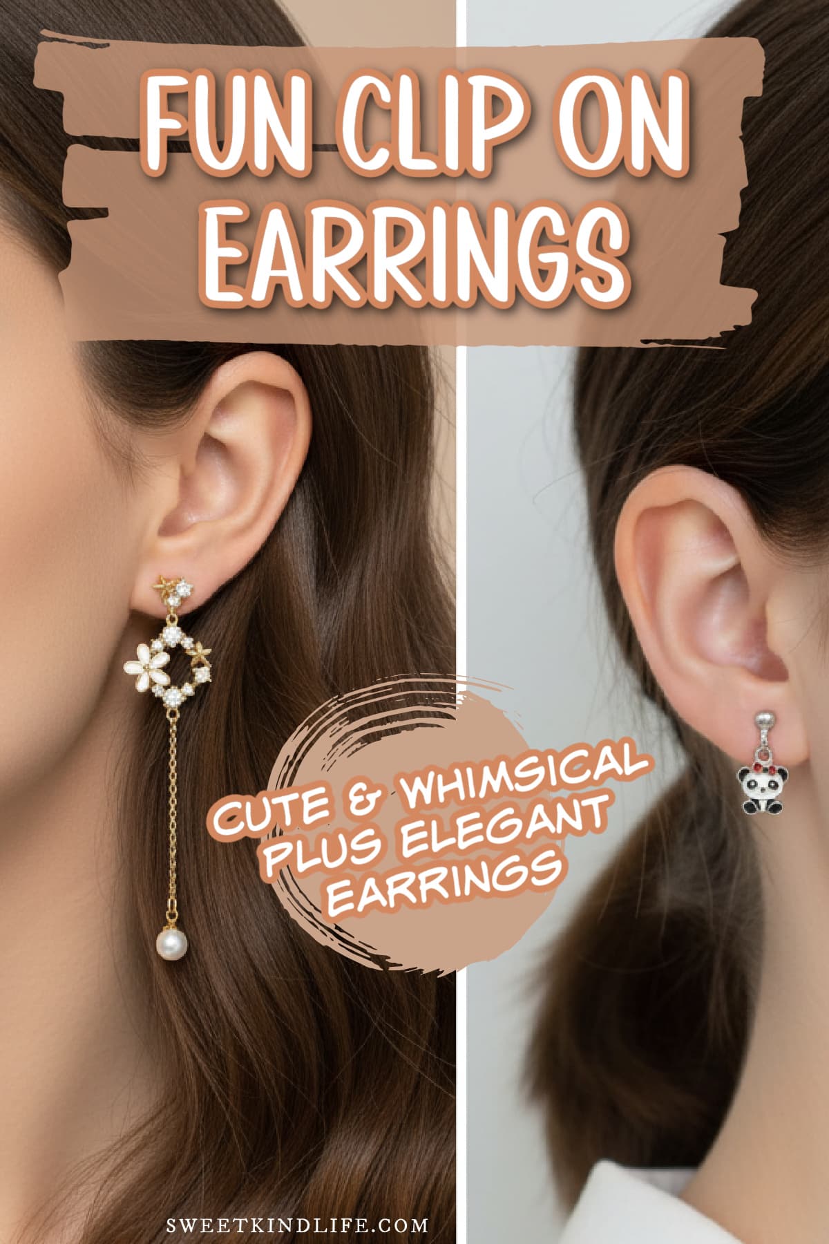 fun clip on earrings: cute & whimsical plus elegant earrings text overlay on a collage photo of 2 women wearing fun earrings