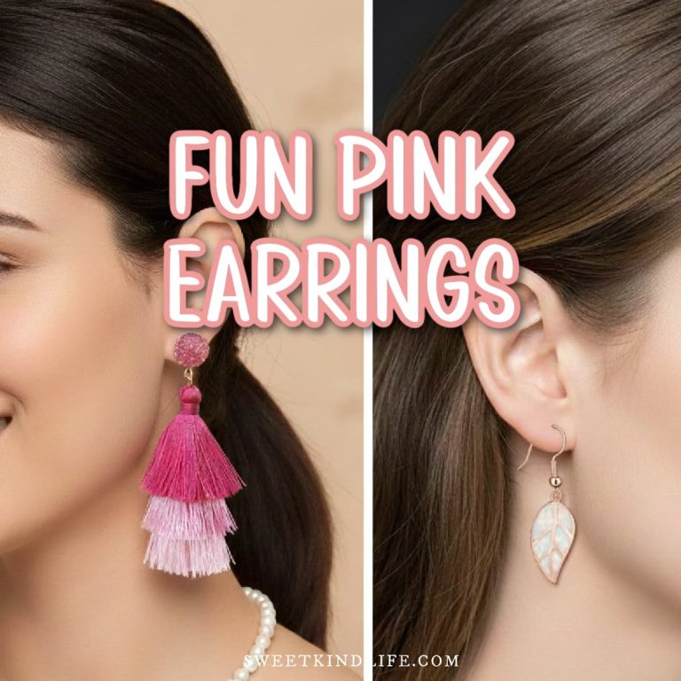 fun pink earrings text overlay on a collage photo of 2 women wearing fun pink earrings