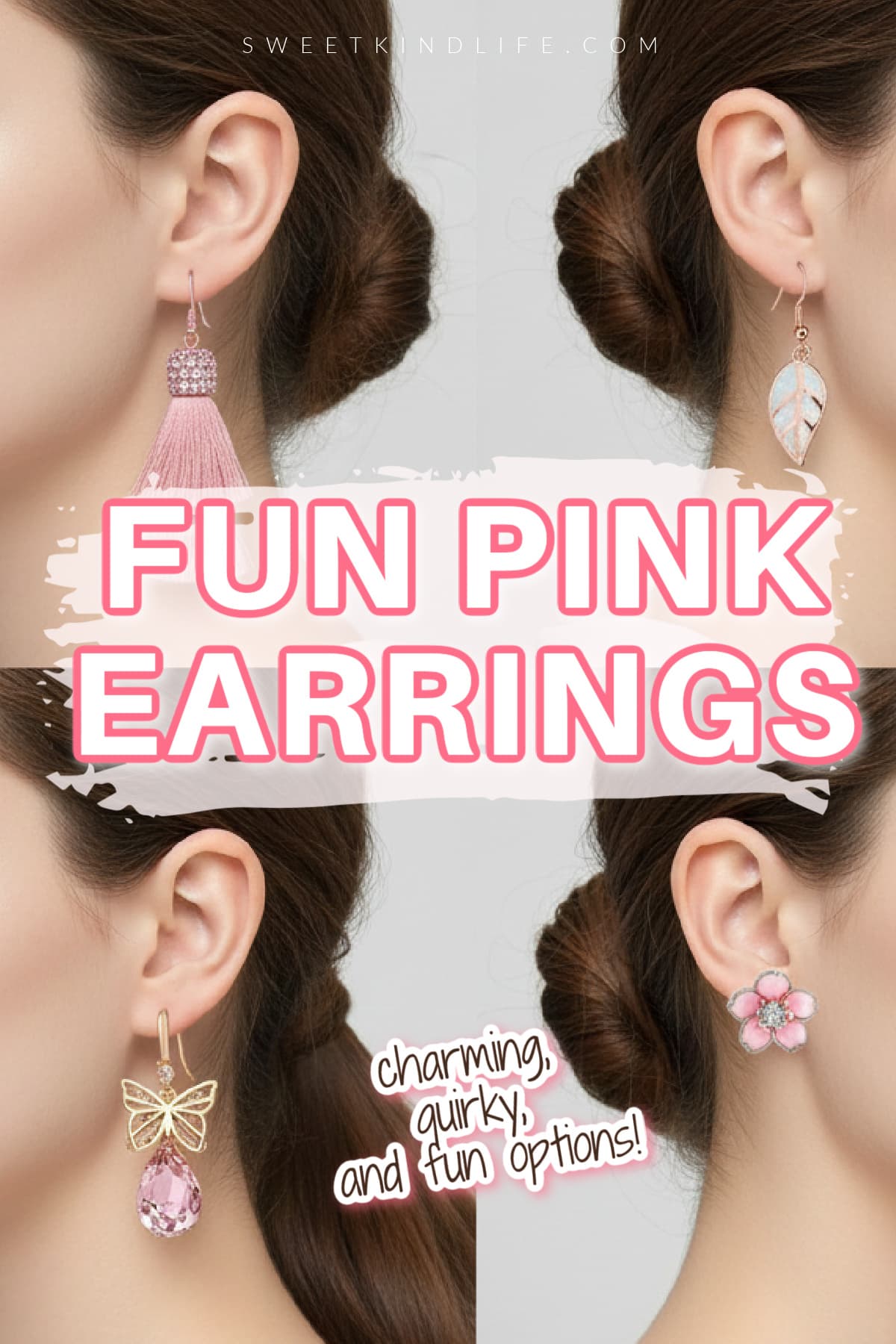 fun pink earrings: charming quirky and fun options text overlay on a collage photo of 4 women wearing fun pink earrings