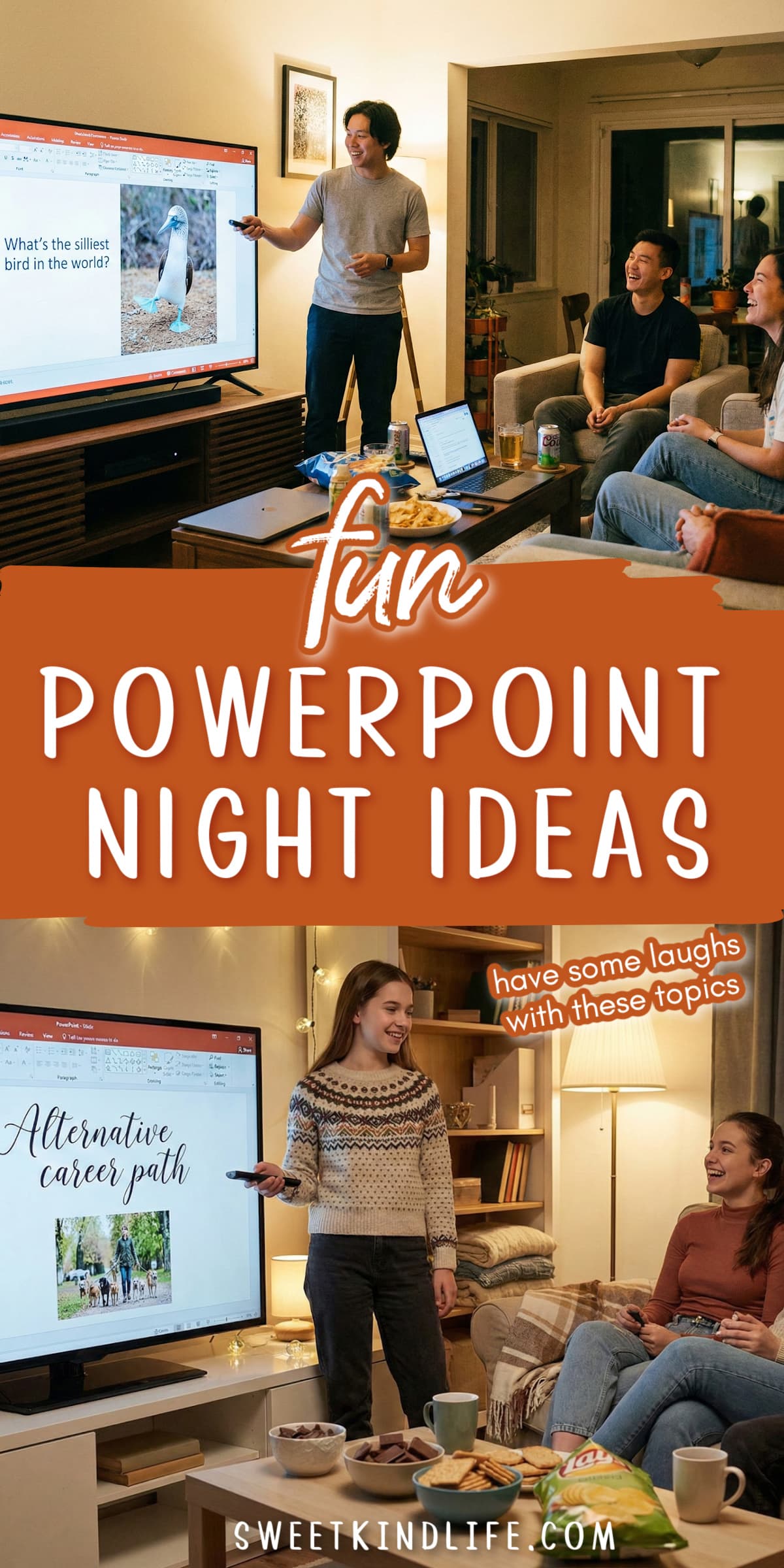 fun powerpoint night ideas: have some laughs with these topics text overlay on a photo of friends presenting topics to their friends