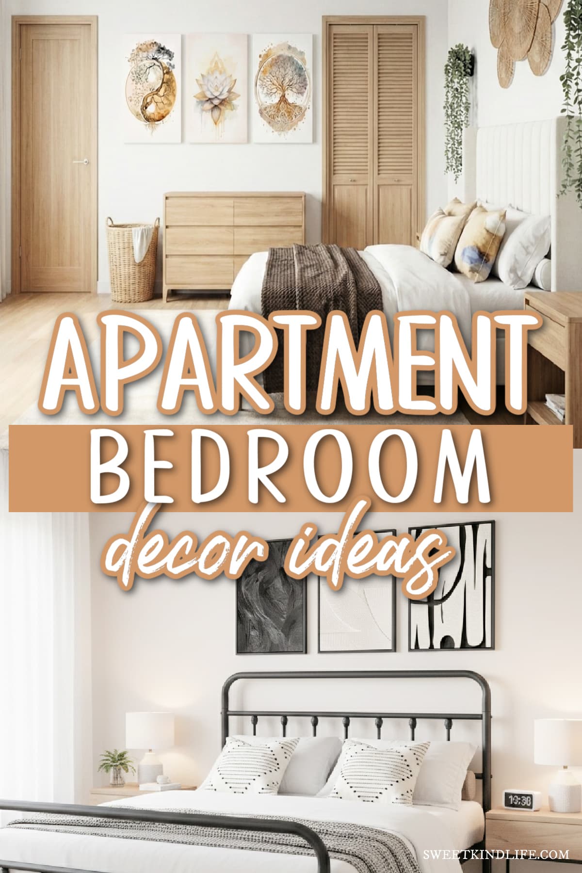 apartment bedroom decor ideas text overlay on photos of boho and modern decorated bedrooms