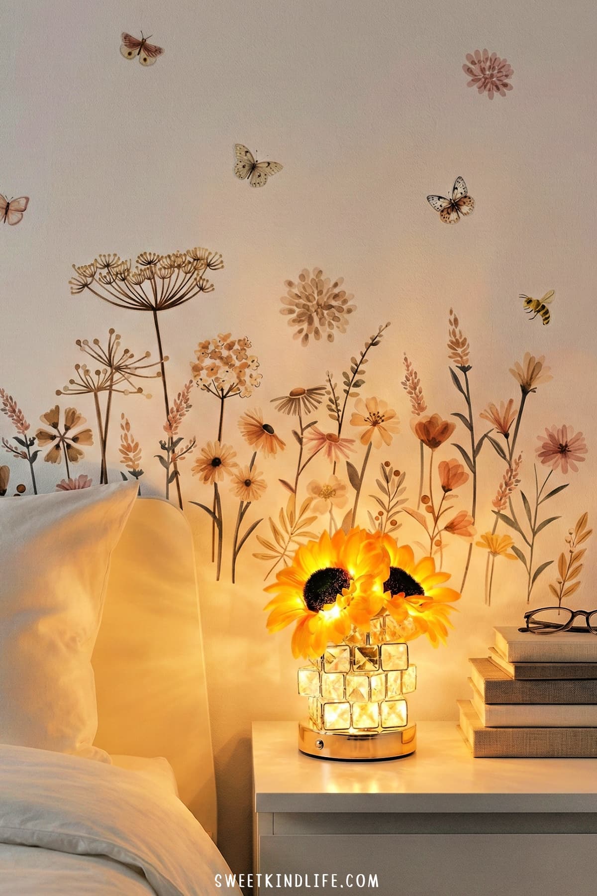 cozy apartment bedroom with soft yellow light