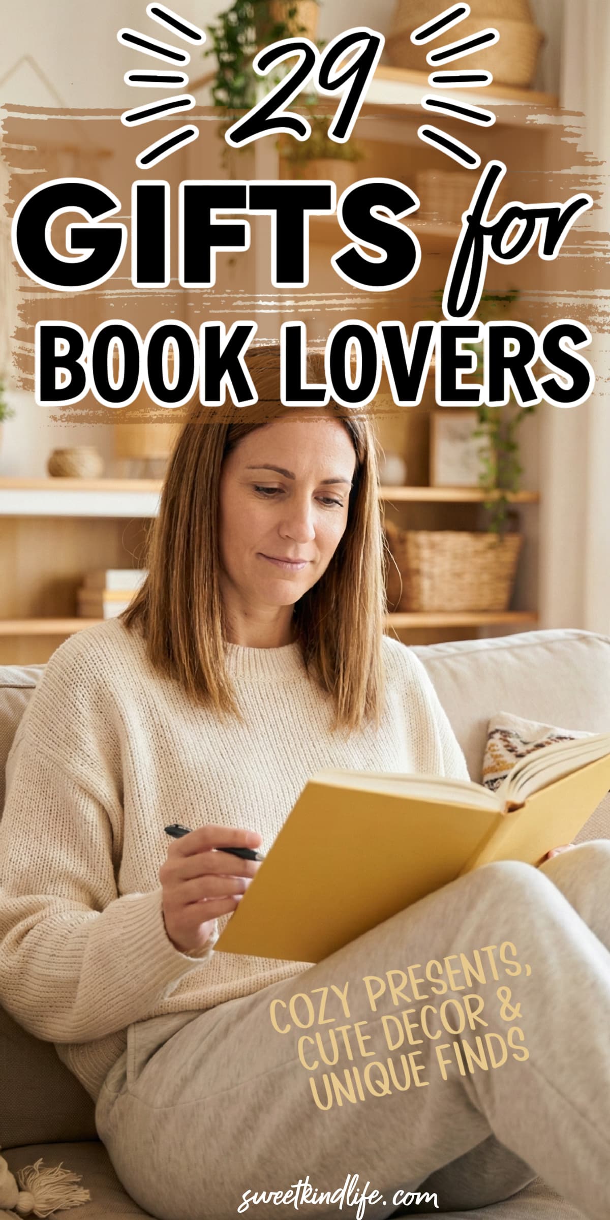 29 gifts for book lovers: cozy presents, cute decor & unique finds text overlay on a photo of a woman reading a book with a boho background