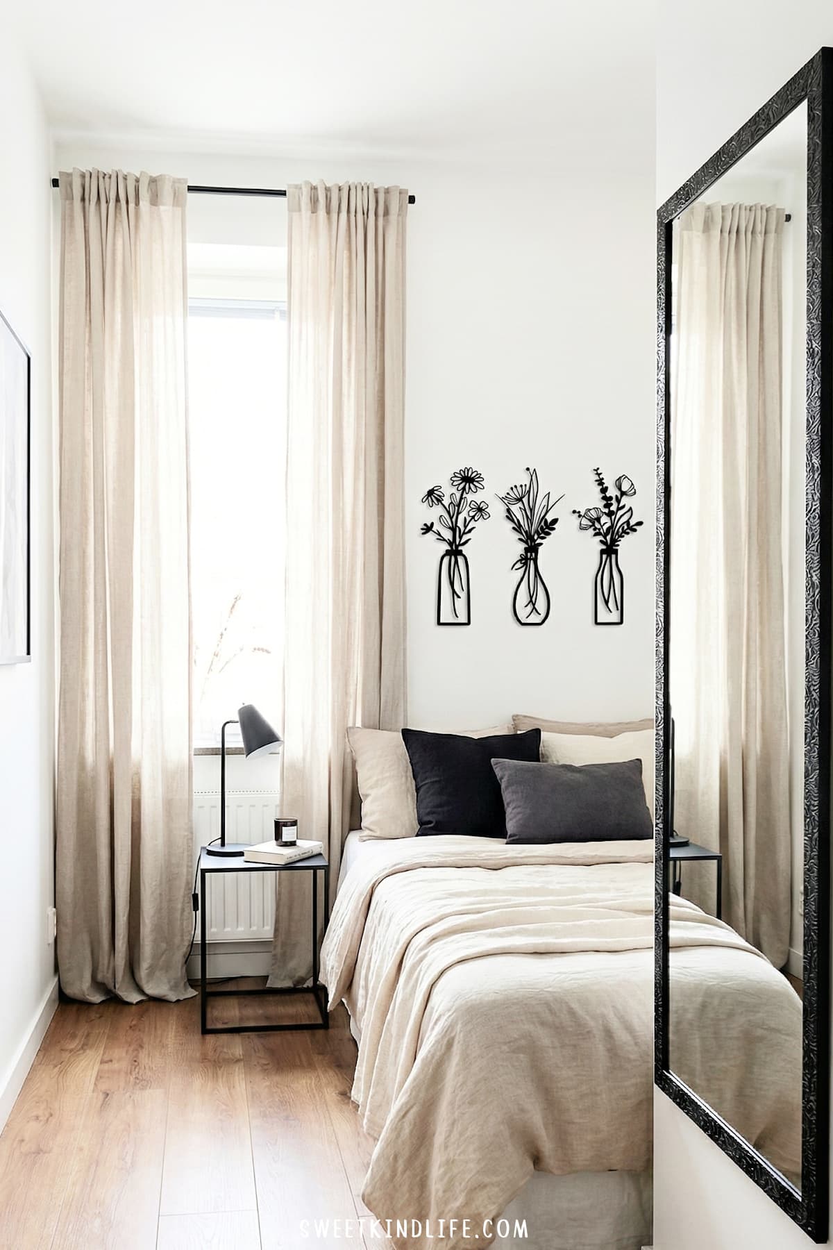 small apartment bedroom simple tweaks and decor ideas with black, white and beige color scheme