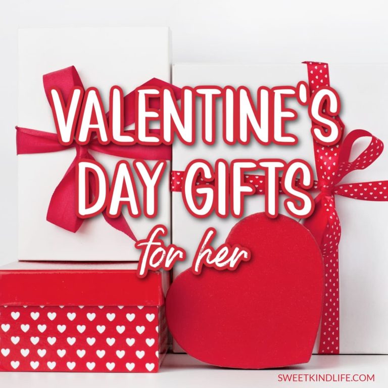 Valentine's day gifts for her text overlay on a photo of hearts and gifts