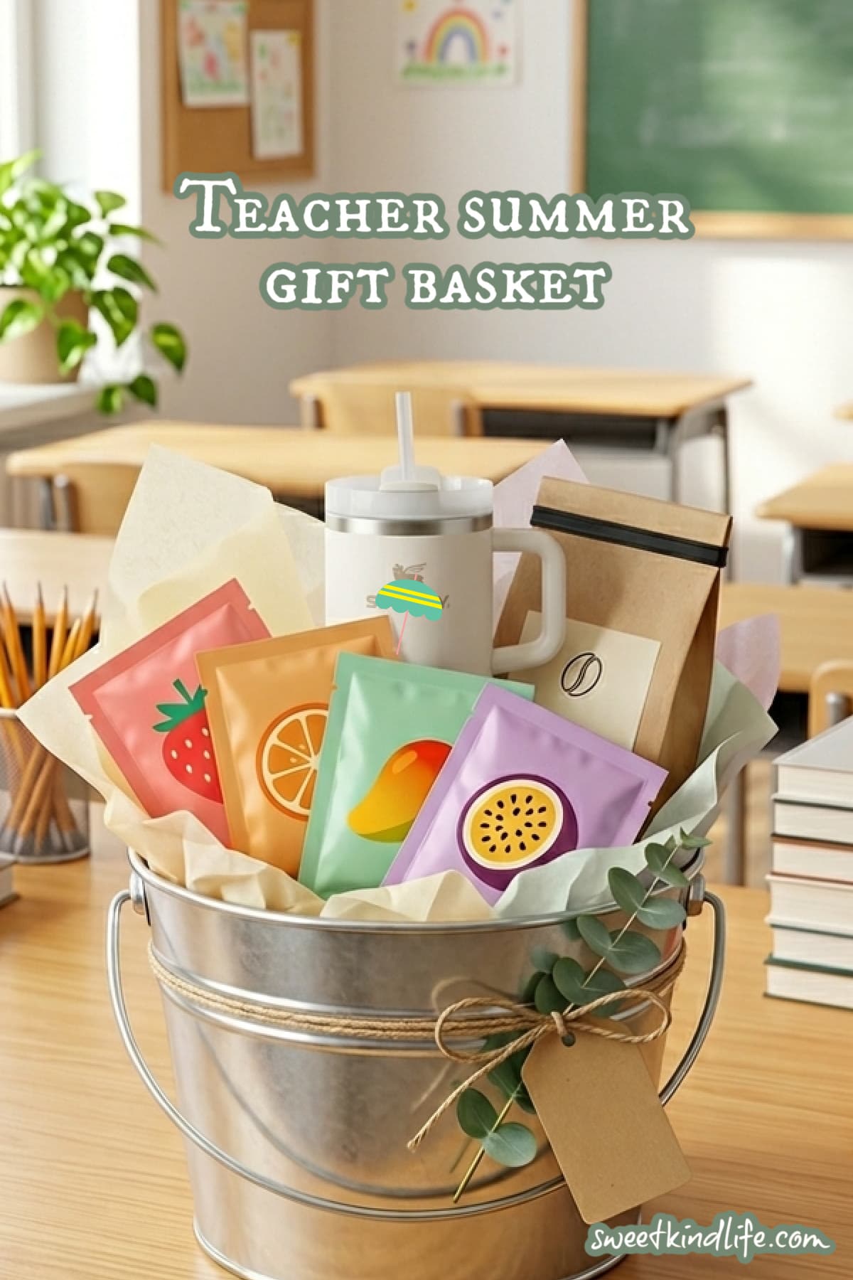 Teacher summer gift basket: bucket of drink options