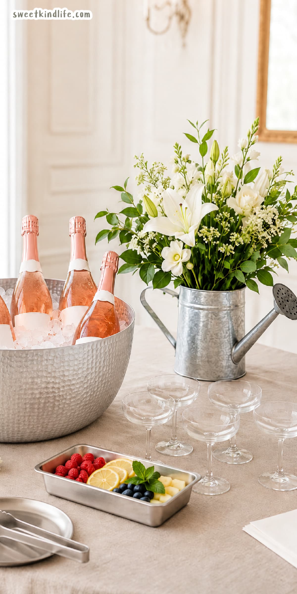 Aluminum bucket and watering can decor for a sweet bridal shower