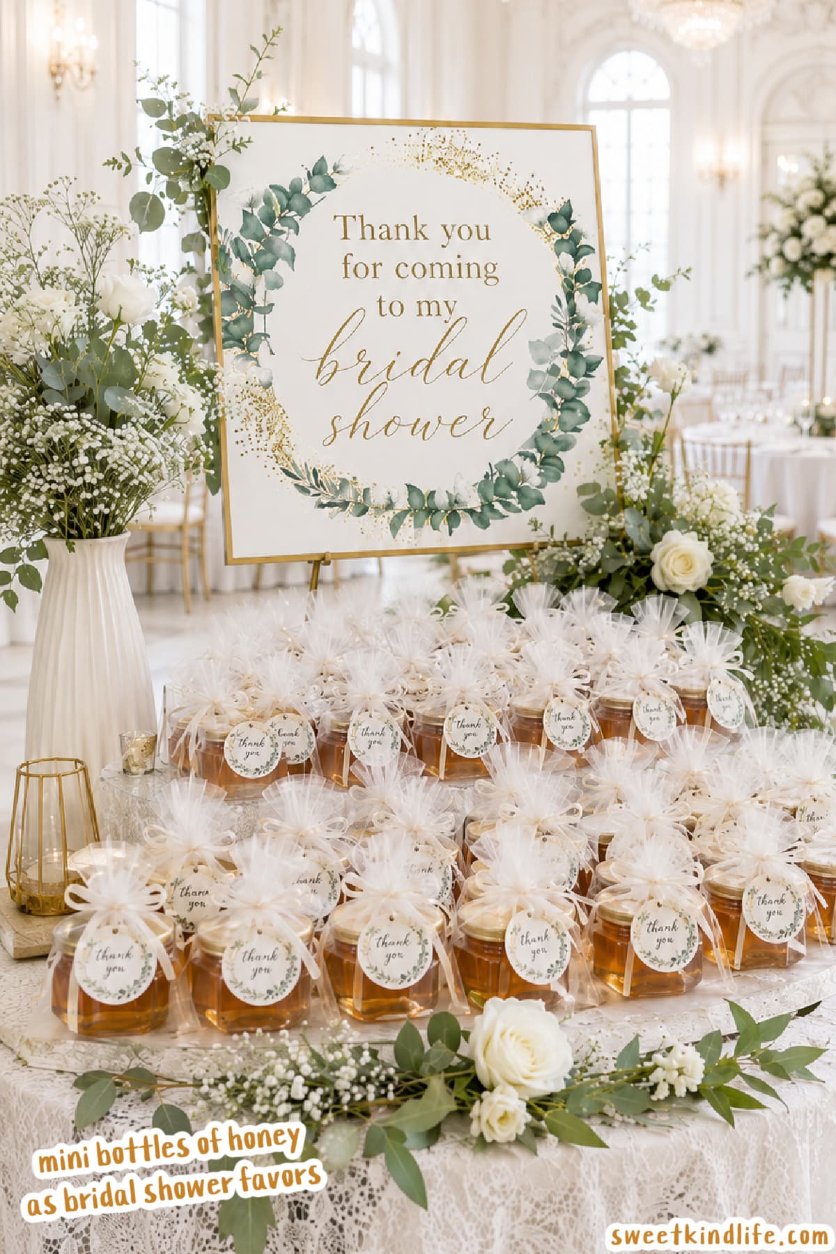 Mini Bottles of Honey as Bridal Shower Favors Set Up on a Beautifully Decorated Table
