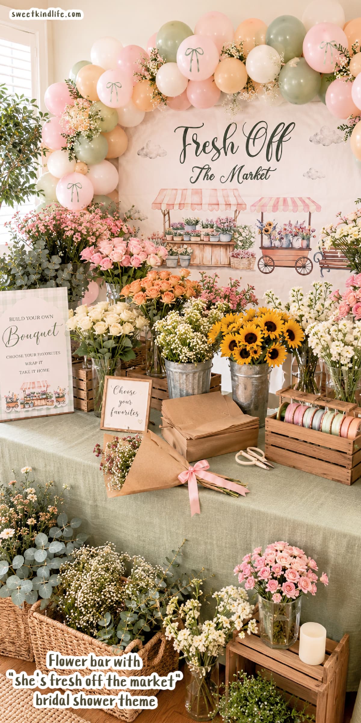 Flower bar for fresh off the market bridal shower theme