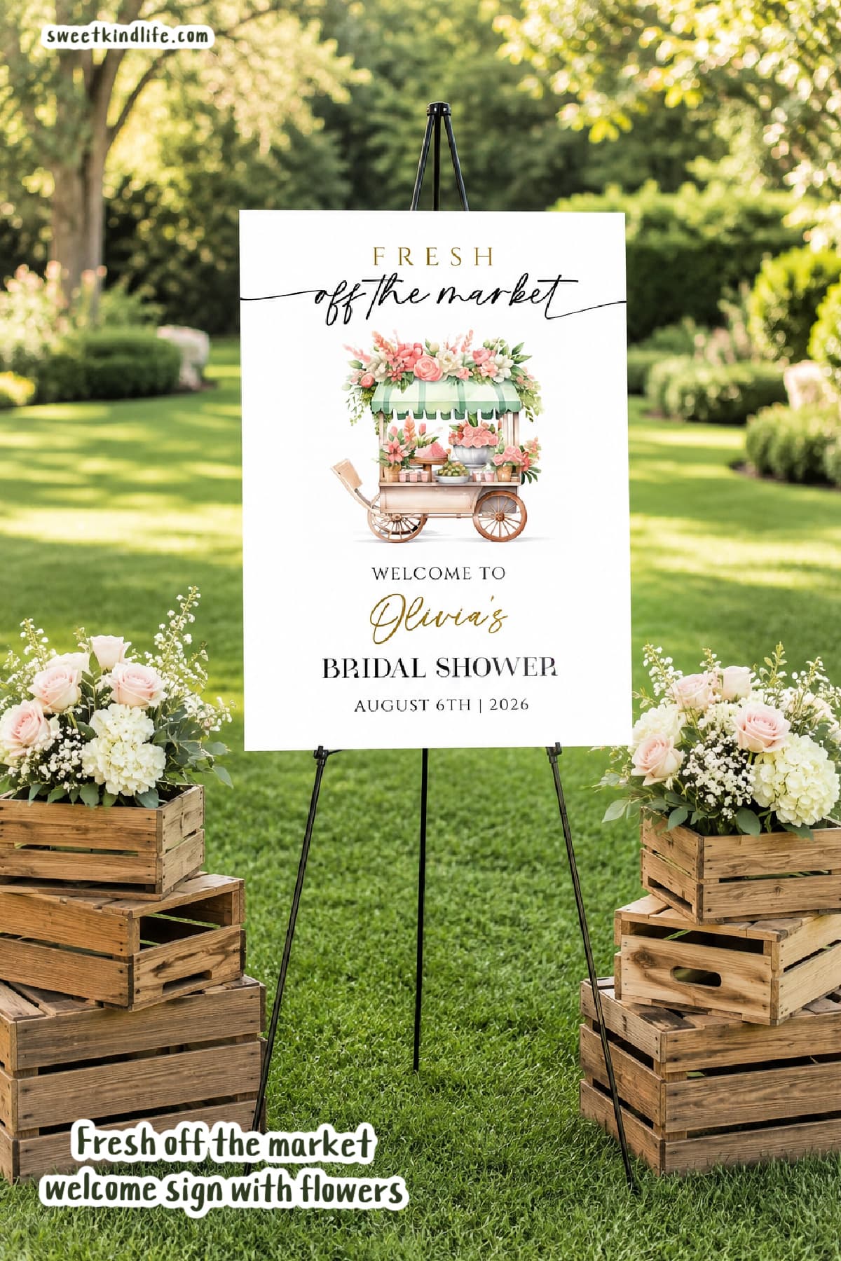 Fresh off the market welcome sign with flowers on the side