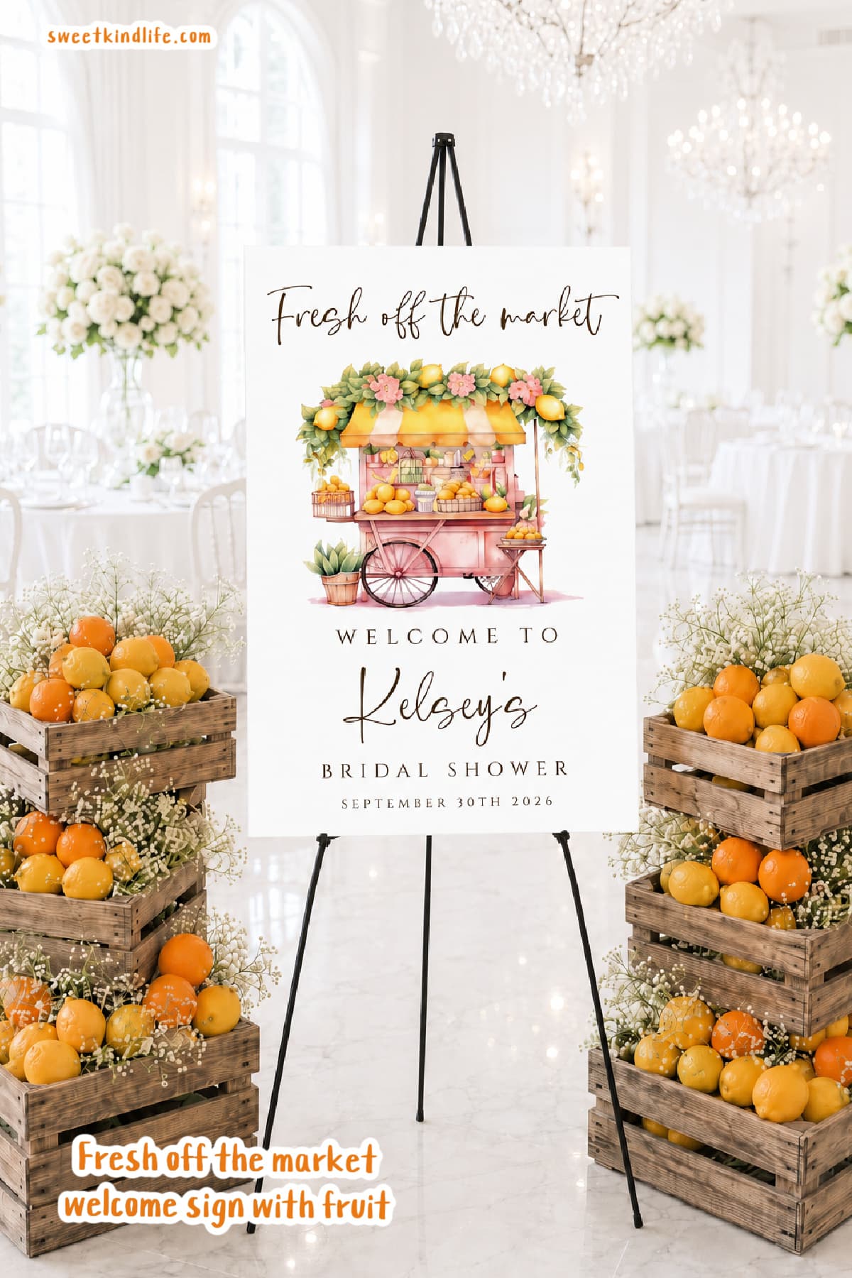 Fresh off the market welcome sign with oranges and crates on the side