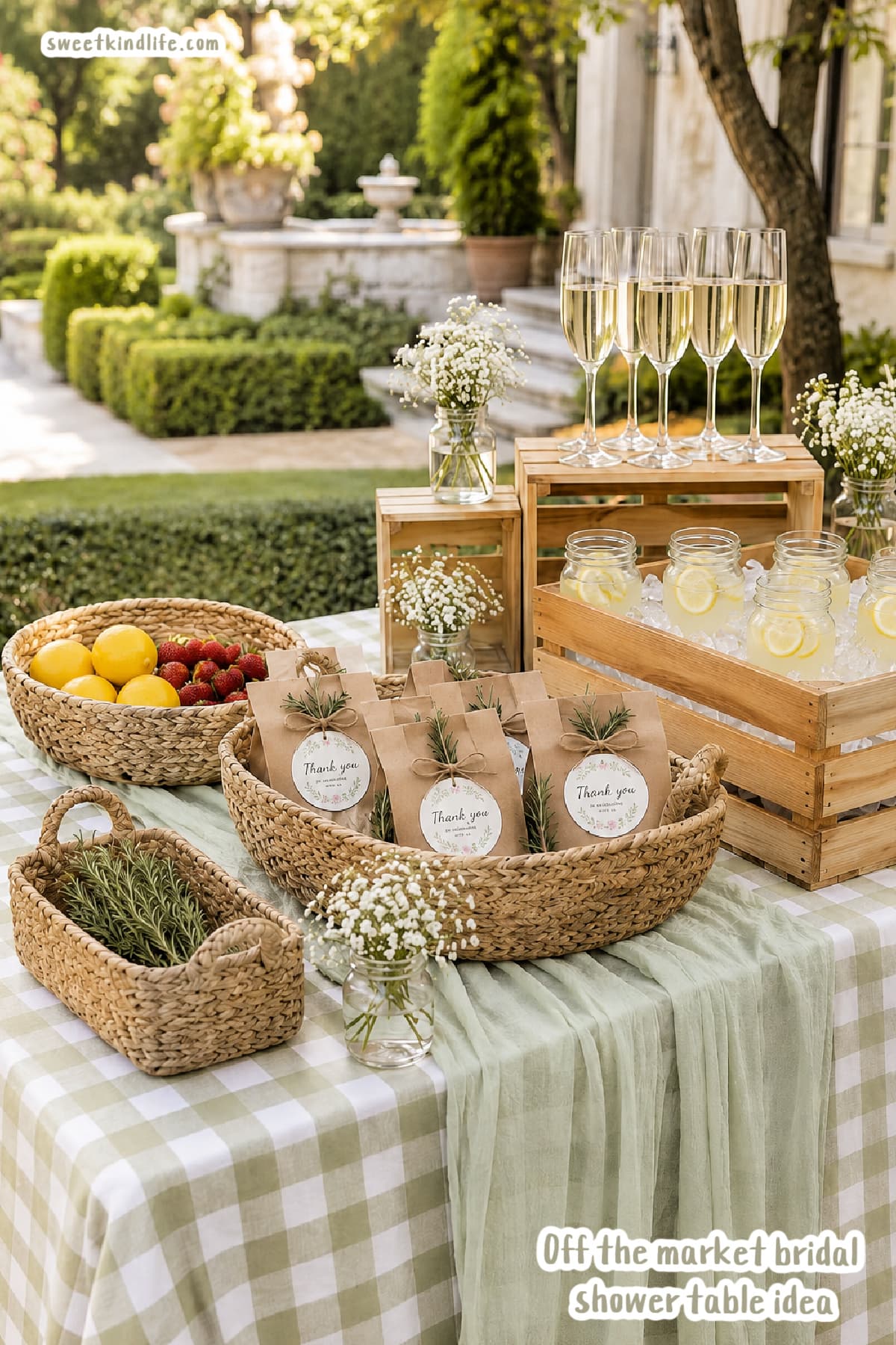 Gingham tablecloth, woven baskets and wooden crates set up for a bridal shower table