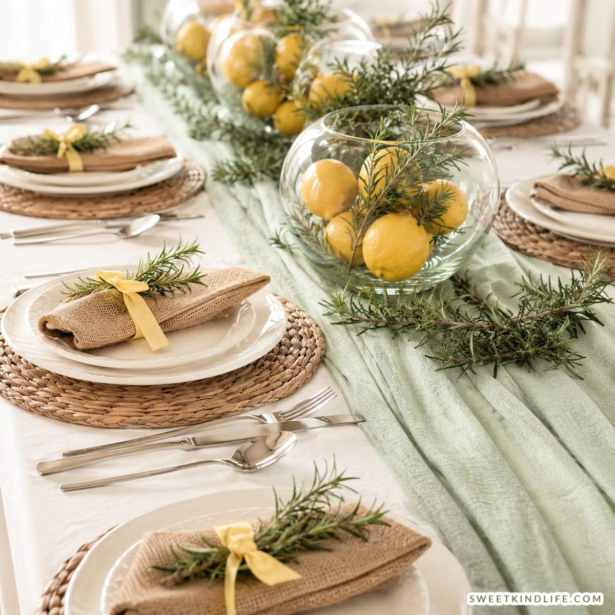 Lemon and rosemary table setting for a market bridal shower theme
