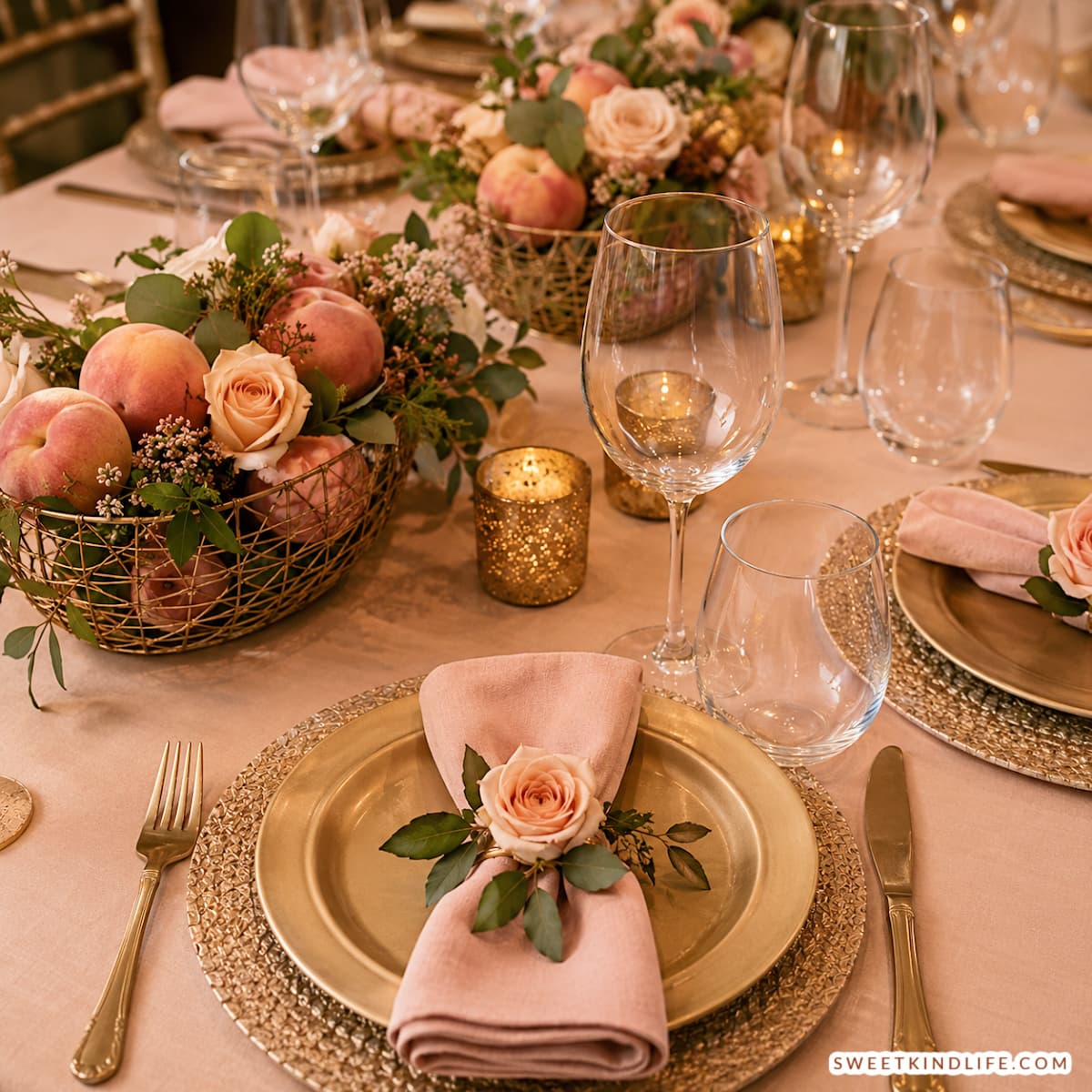 Peaches and roses table setting for a fresh off the market bridal shower theme