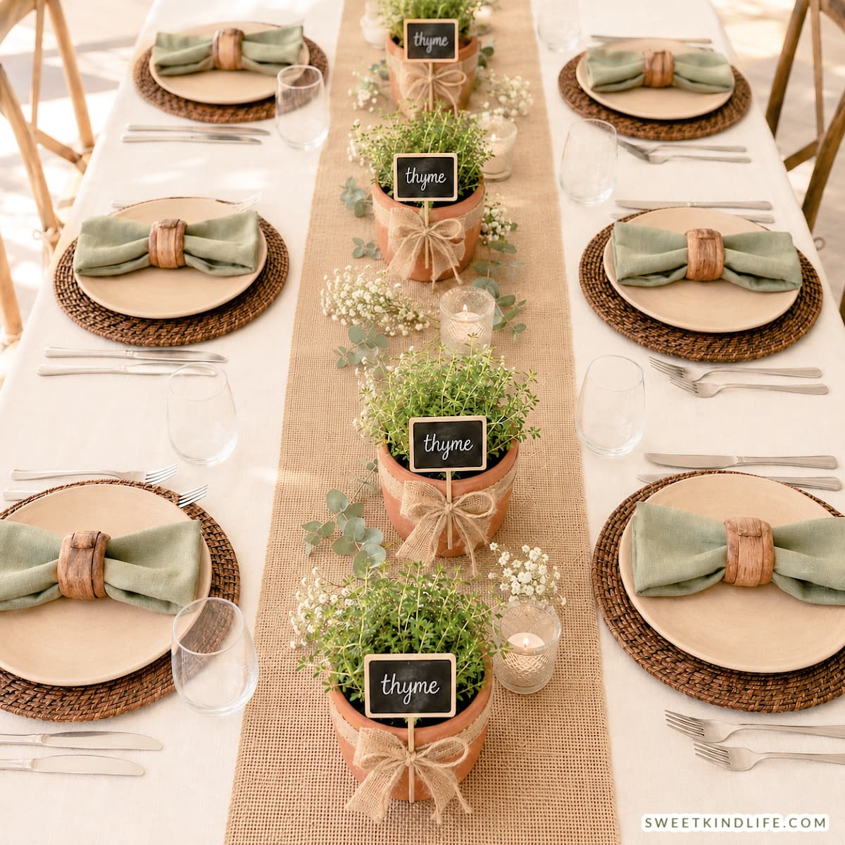 Thyme in terracotta pots for she's fresh of the market bridal shower theme tablescape