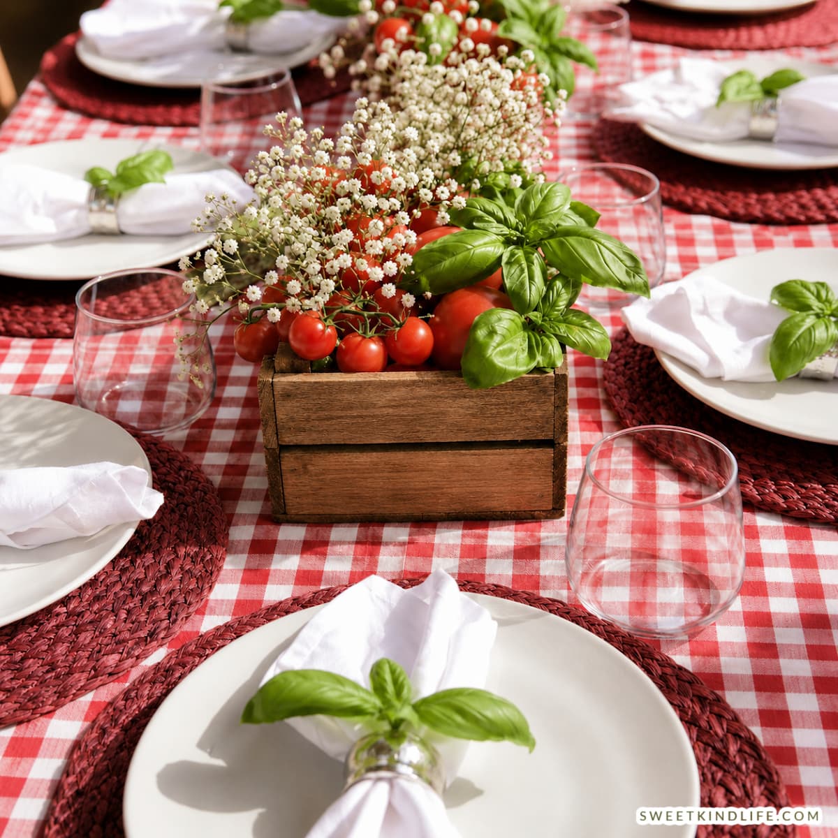 Tomato, basil and baby's breath in mini crates for fresh of the market bridal shower theme table setting