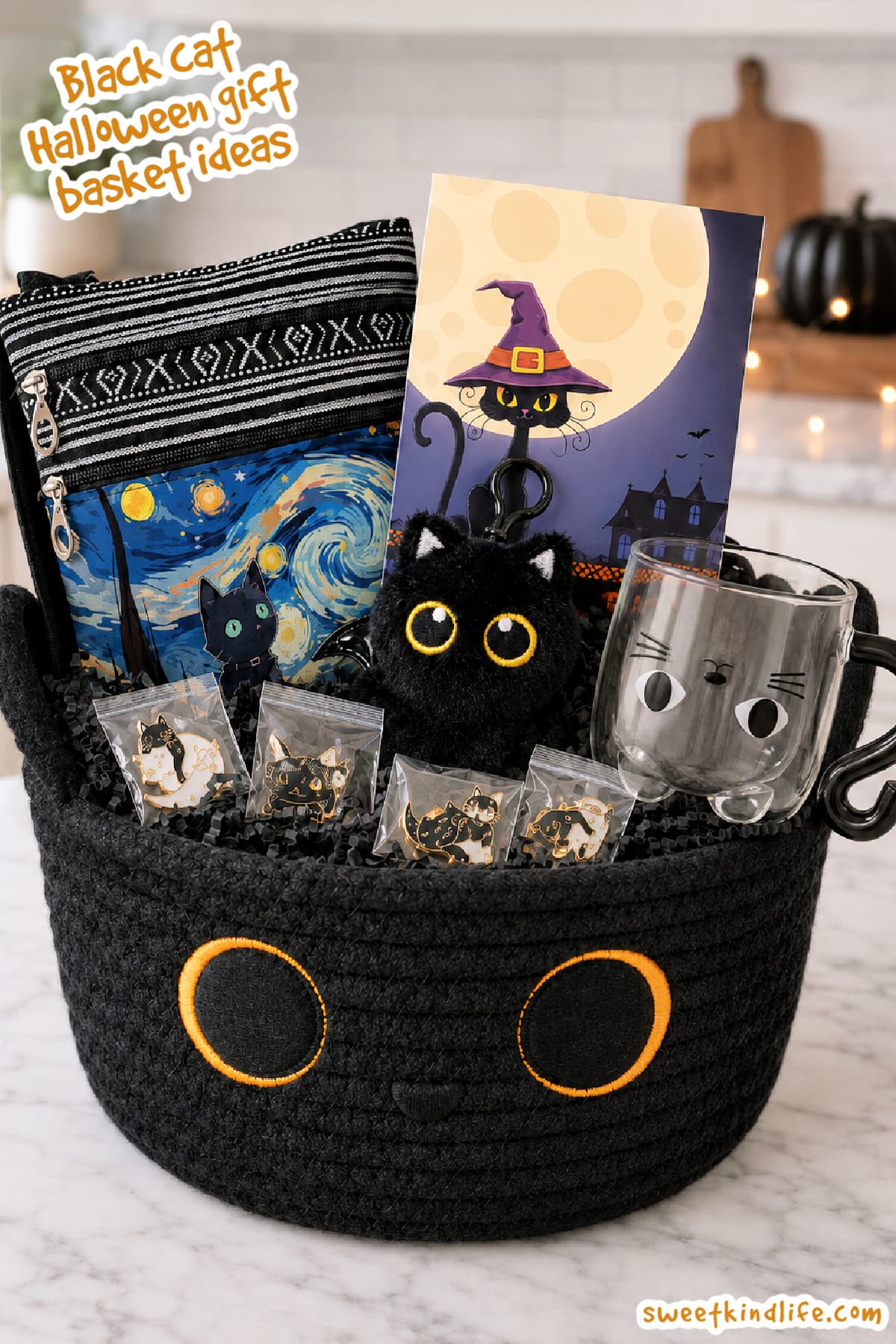 Halloween gift basket ideas with black cat theme