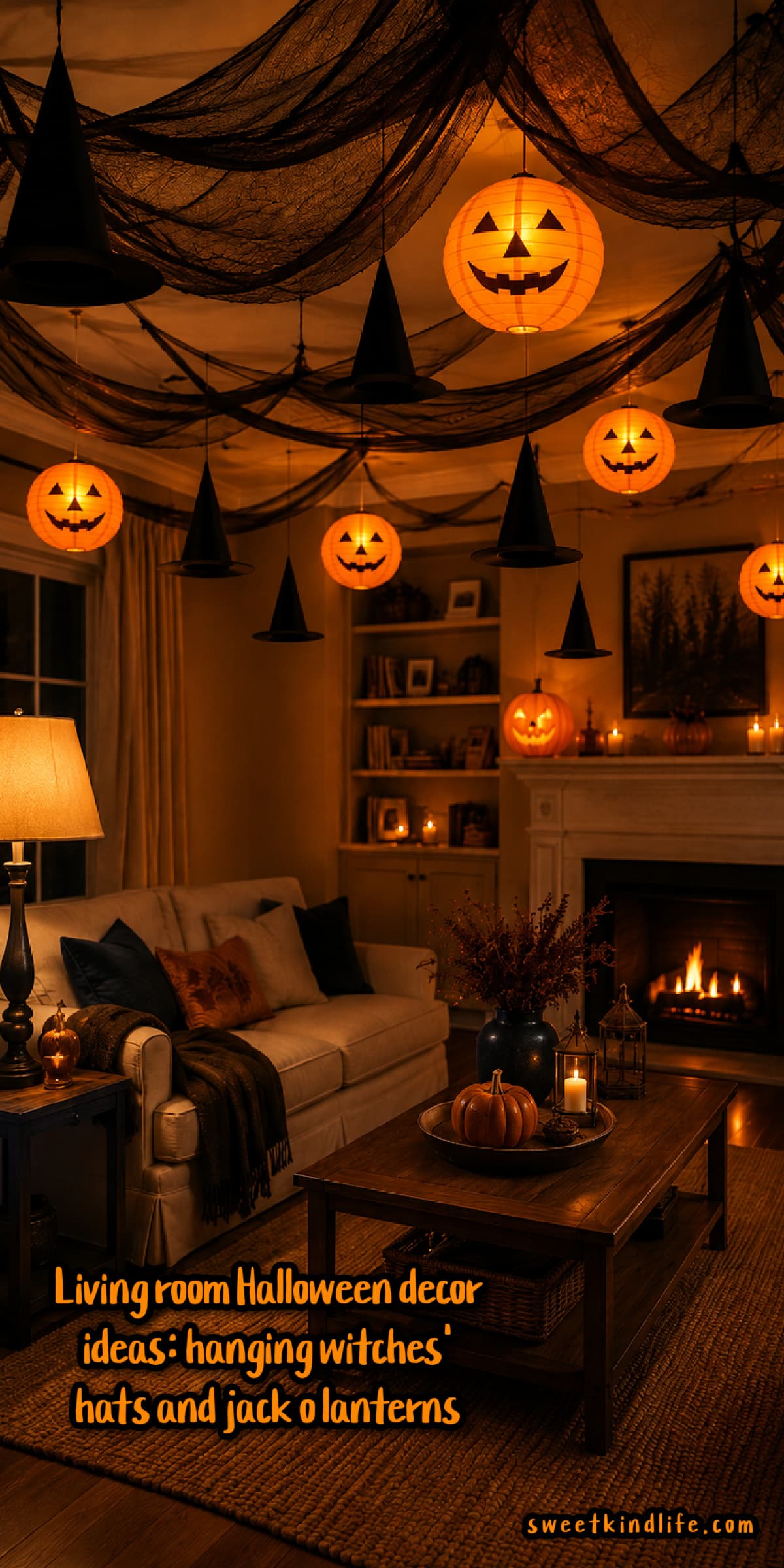 Living Room Halloween Decor Ideas: Hanging Witches' Hats and Jack O Lanterns